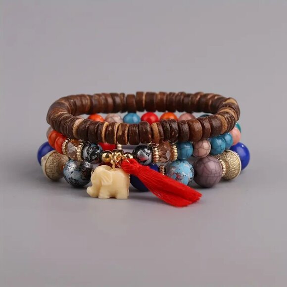 New 3pc Bohemian Dark Mix Multicolor Beaded Bracelet Set - Picture 5 of 10